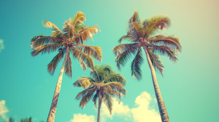 Obraz premium Tropical palm trees on blue sky background, summer vacation concept, retro filter effect