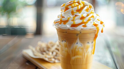 Iced caramel latte topped with whipped cream and caramel sauce, a refreshing and sweet coffee drink 