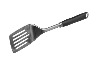 One metal spatula with black handle isolated on white