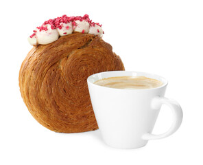Round croissant with cream and cup of coffee isolated on white. Tasty puff pastry