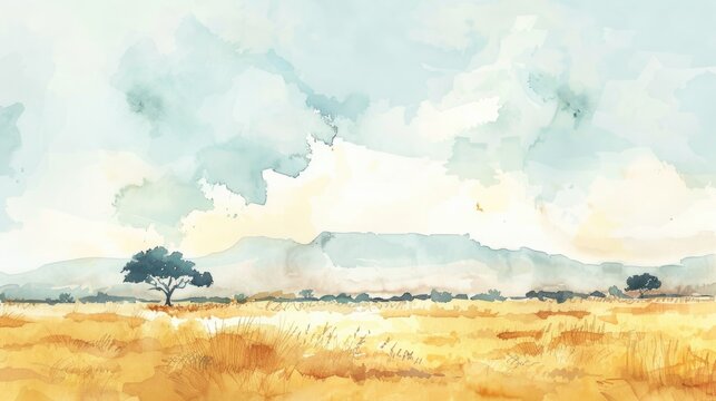 Watercolour illustration of an african savanna landscape, artistic modern and simple background