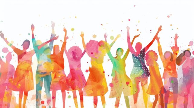 Watercolour illustration of group of happy women with arms raised up, symbolising women's empowerment on International Women's Day