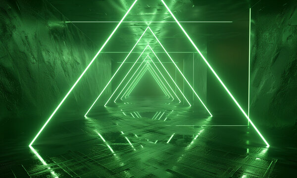 3d render. Abstract green neon background with triangular shape, laser rays and glowing lines