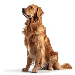 hopeful happy groomed golden retriever standing a few feet away, looking hopeful into distance, white background full body in frame 