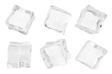 Crystal clear ice cubes isolated on white, set