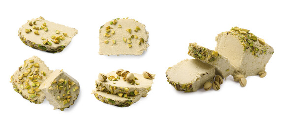 Pieces of tasty halva with pistachios isolated on white, set