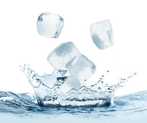 Ice cubes falling into water on white background