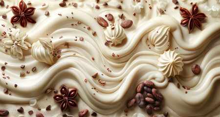 Fototapeta premium Happy Chocolate Day bright banner background with river white melted chocolate surrounded cacao bean