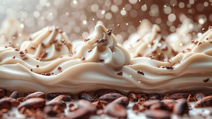 Happy Chocolate Day bright banner background with river white melted chocolate surrounded cacao bean