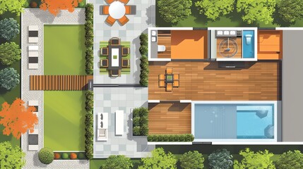 architecture flat design top view sustainable theme cartoon drawing Analogous Color Scheme