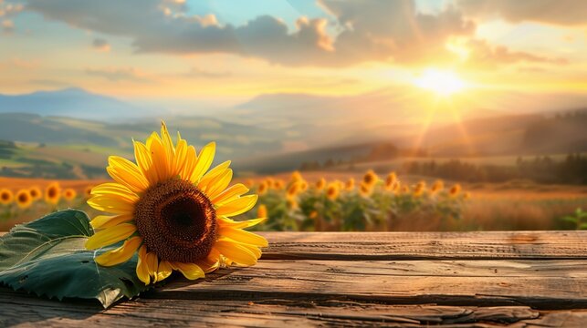 Sunflower on a wooden table with a sunflower field landscape and sunset mountains in the background 