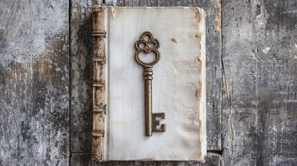 White bound book with antique vintage key