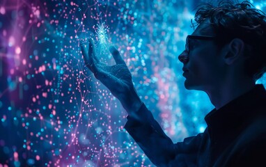 
Metaverse and Blockchain Technology Concept. People in Glasses try to Touch Objects to Experience the Metaverse Virtual World. exciting technology
