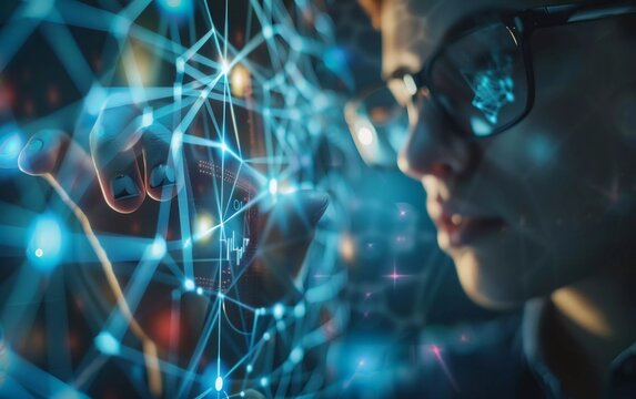 
Metaverse and Blockchain Technology Concept. People in Glasses try to Touch Objects to Experience the Metaverse Virtual World. exciting technology