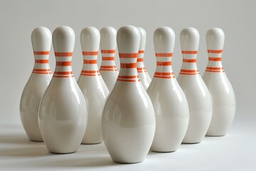 A row of bowling pins with orange stripes