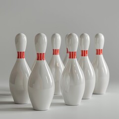 A row of bowling pins with red and white stripes