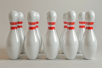 A row of bowling pins with red stripes