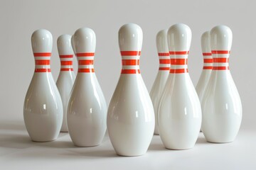 A row of bowling pins with red stripes