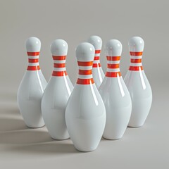 A row of bowling pins with red stripes