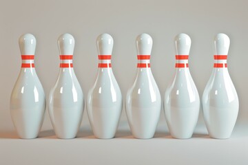 A row of bowling pins are lined up in a row