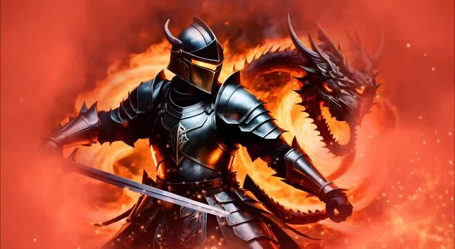 Knight in armor with sword fight against a dragon. Seamless looping time-lapse 4k video animation background
