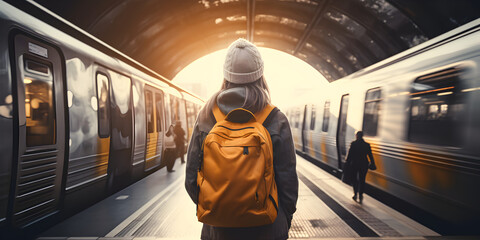 A person with a backpack standing in a train station 