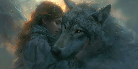 Woman and wolf. Amidst the Ethereal Fog, a Young Heroine and her Loyal Wolf Companion Embrace.