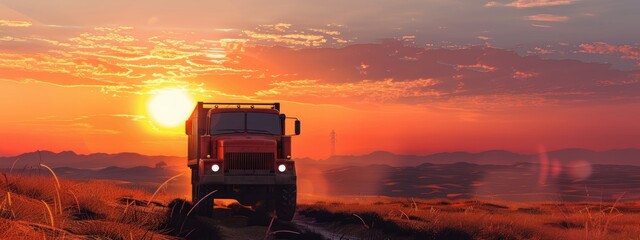 Cargo truck driving through landscape at sunset 