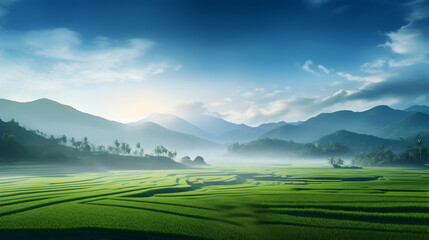 Naklejka premium Green rice field, misty mountains, serene landscape, natural scenery