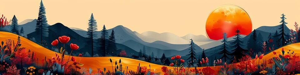 A minimal abstract illustration of a landscape  in mainly primary colors of red, yellow, and blue. 