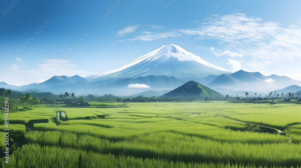 Wall mural Rice fields with a mountain in the background