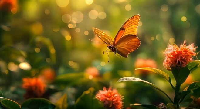 beauty of a butterfly flying over a ginger flower in the tropical rainforest of Davao, Mindanao, Philippines