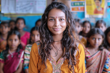 Fototapeta premium Tanned indian teacher is educating her students in front of the class