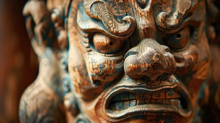 Wooden carved statue with an expression of fury