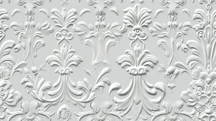 White damask wallpaper adorned with floral patterns background,