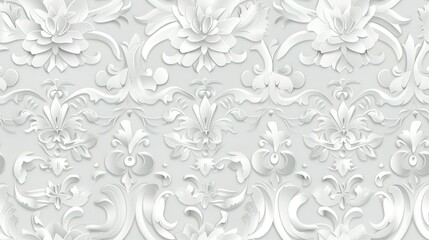 White damask wallpaper adorned with floral patterns background,