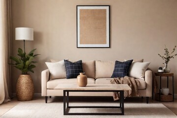 Warm and cozy living room interior design with beige color.