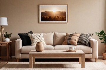 Warm and cozy living room interior design with beige color.