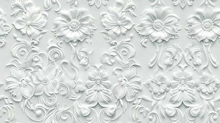 White damask wallpaper adorned with floral patterns background,