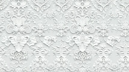 White damask wallpaper adorned with floral patterns background,