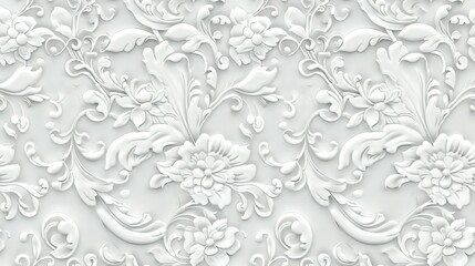 White damask wallpaper adorned with floral patterns background,