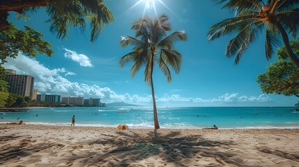 Beach, nice weather, palm tree, People enjoying sunbathing, parasols, children playing happily, hotel in the distance