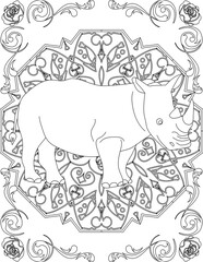 Rhino on Mandala Coloring Page. Printable Coloring Worksheet for Adults and Kids. Educational Resources for School and Preschool. Mandala Coloring for Adults