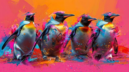 imagine penguins in the style of soft-focused realism, spring action-packed cartoons in pop art style photo illustration pop art 