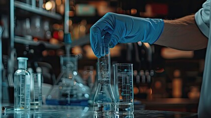hand of scientist in blue glove with test tube and flask in medical chemistry lab banner background