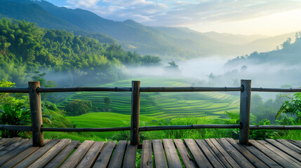 Fototapeta premium Wooden Deck Overlooking Rice Field