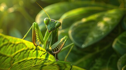 A green praying mantis on a green leaf, looking at the camera.