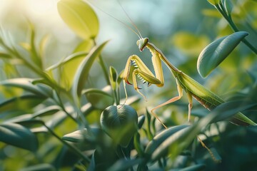 A green praying mantis on a green leaf, with a blurred background.