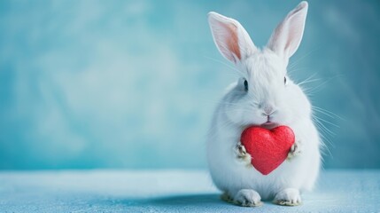  Сute white rabbit with a red heart in its paws. Valentine's Day card