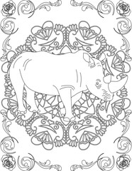 Rhino on Mandala Coloring Page. Printable Coloring Worksheet for Adults and Kids. Educational Resources for School and Preschool. Mandala Coloring for Adults